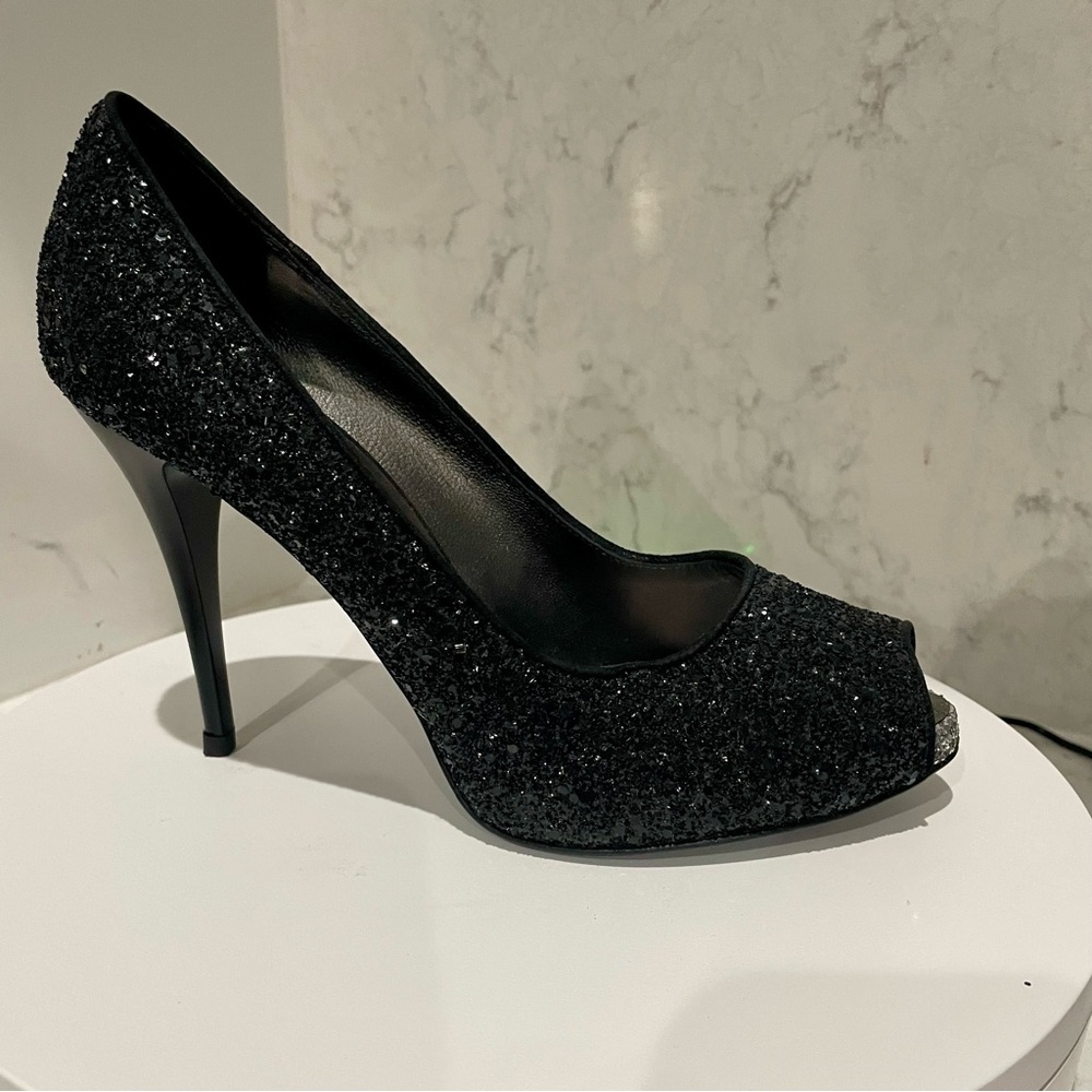 GIUSEPPE ZANOTTI Black Sparkle Peep Toe Heels Sz 39.5